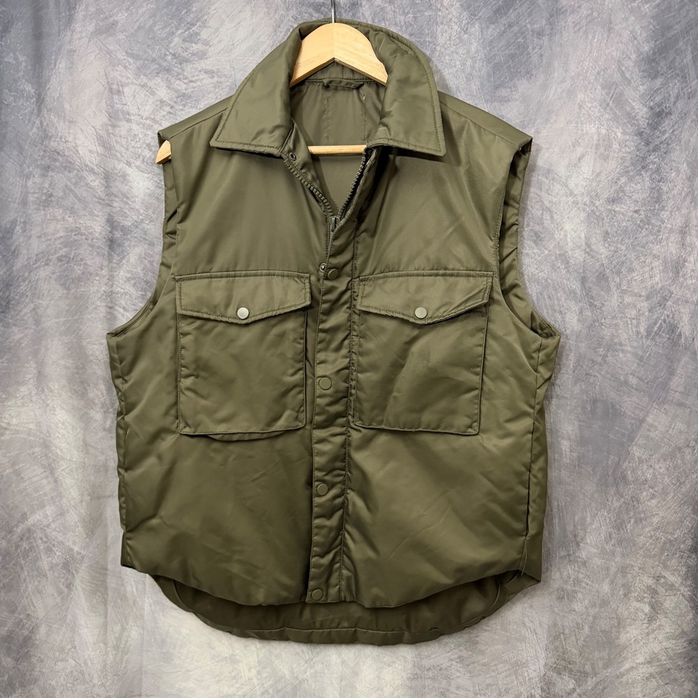 Inditex Zara Olive Utility Insulated Snap Puffer Vest Mens L Gorpcore Layering